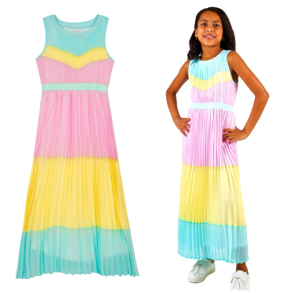 NWT Rare Editions Big Girls Pleated Chiffon Color Block Maxi Dress in Mint